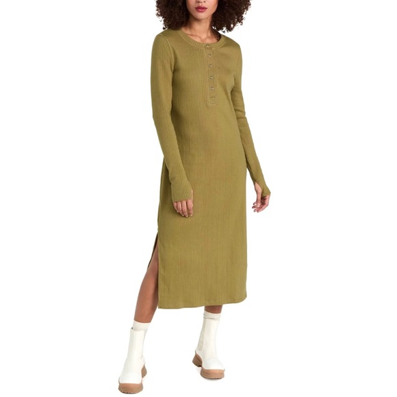 NWT Sweaty Betty Olive Green Ribbed Henley Long Sleeve Cotton Midi Dress Sz S - Picture 1 of 16